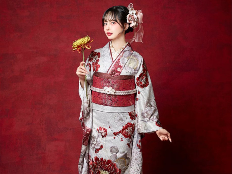 振袖レンタル グレー・赤 振袖